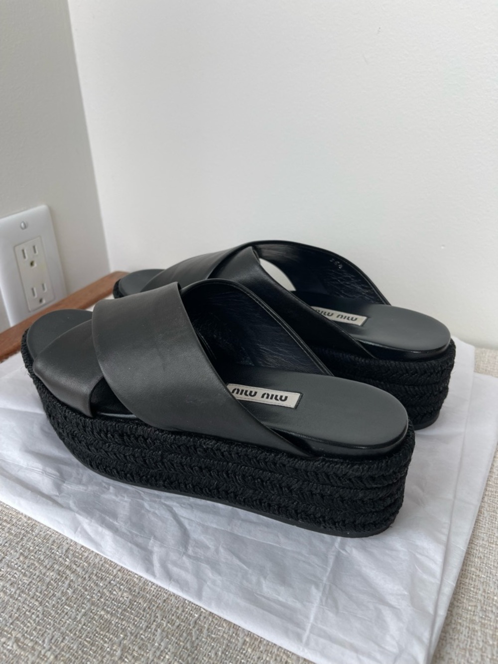 Authentic Miu Miu Black Leather Braided Platform Slides Espadrille 35.5